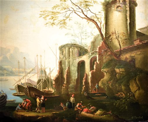 Paesaggio costiero con porto  e rovine